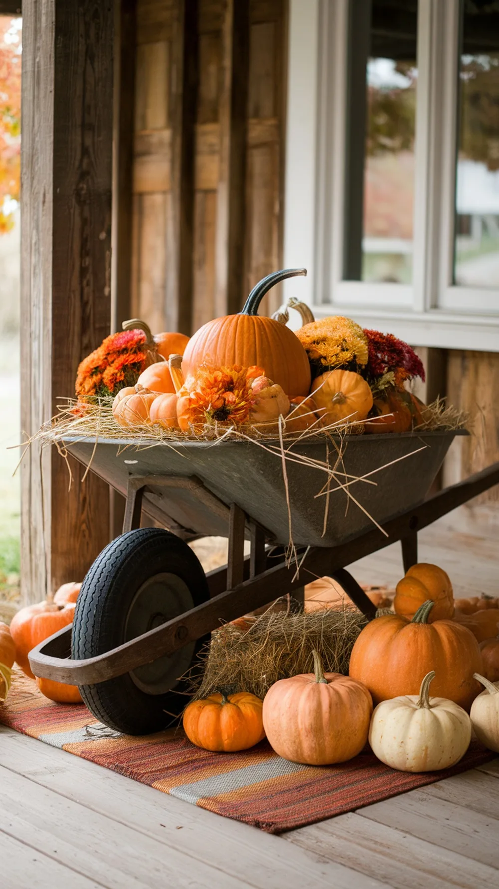 A vintage wheelbarrow filled with pumpkins and flowers on a porch.