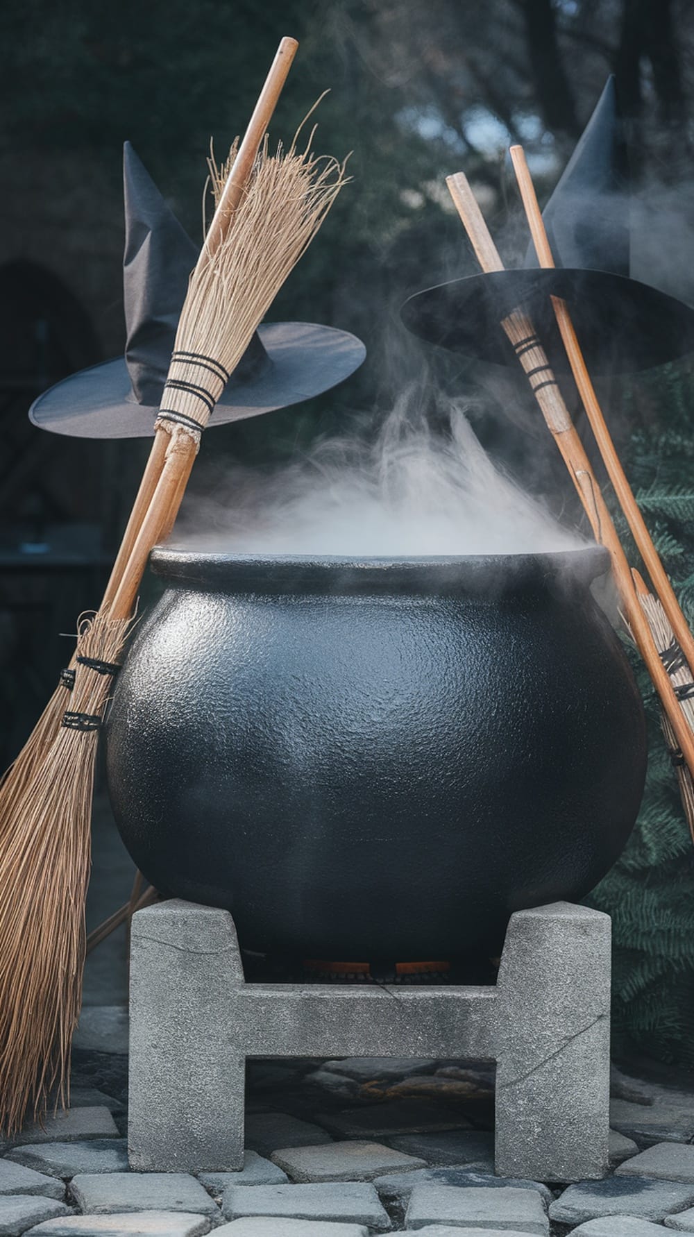 A witch cauldron with dry ice surrounded by broomsticks and mist.