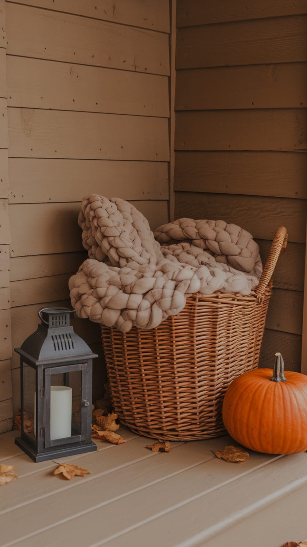 A basket filled with chunky knit blankets next to a pumpkin and lantern on a porch.