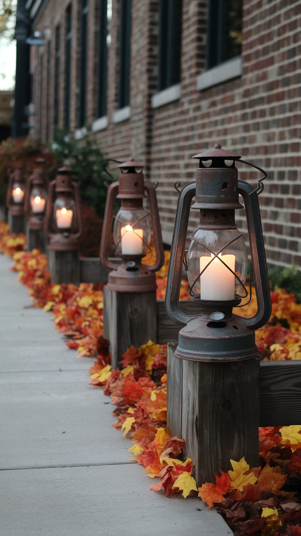 A path lined with vintage lanterns and autumn leaves.