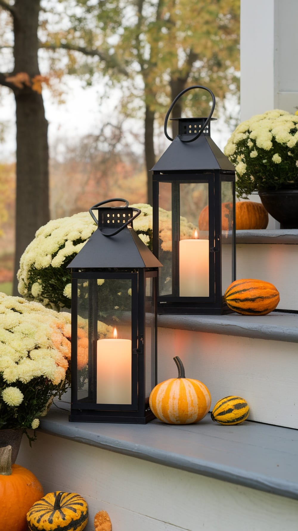 Two black lanterns with LED candles on a porch step, surrounded by pumpkins and yellow flowers.
