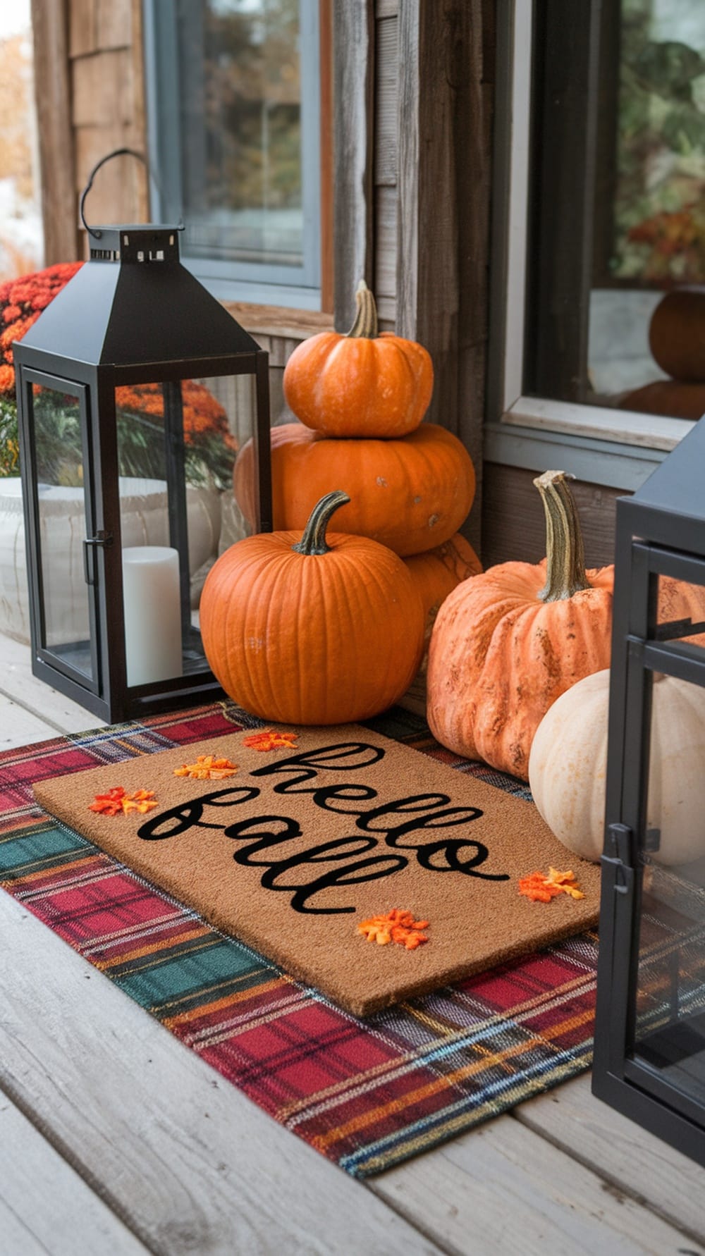 A layered doormat with the phrase 'Hello Fall' surrounded by pumpkins and lanterns.