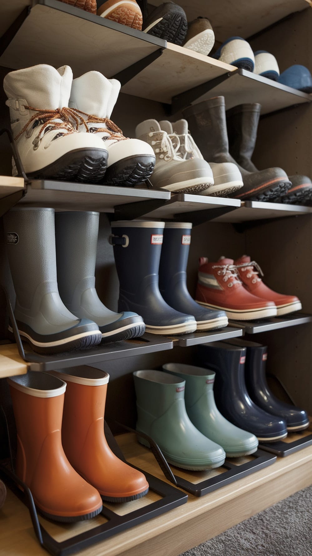 Tiered shoe shelf displaying various winter boots in an organized manner.