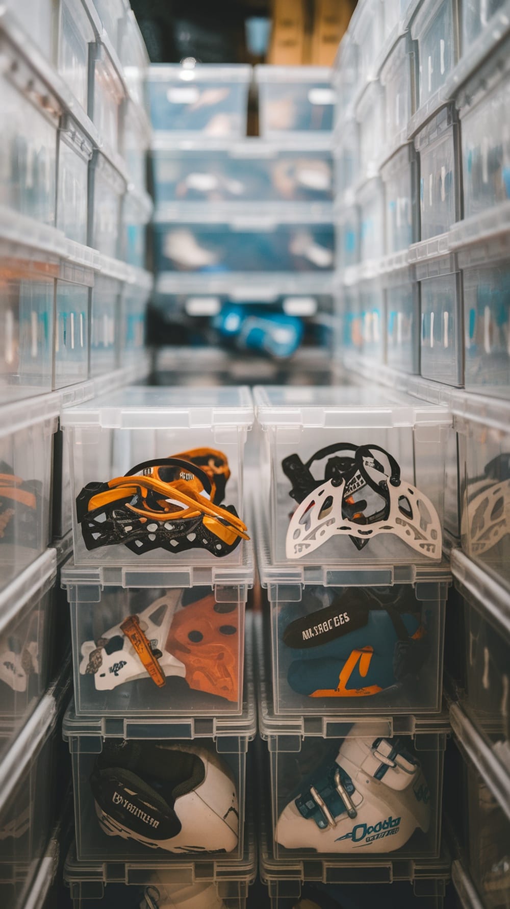 Clear stackable boxes filled with snow accessories in a coat closet.