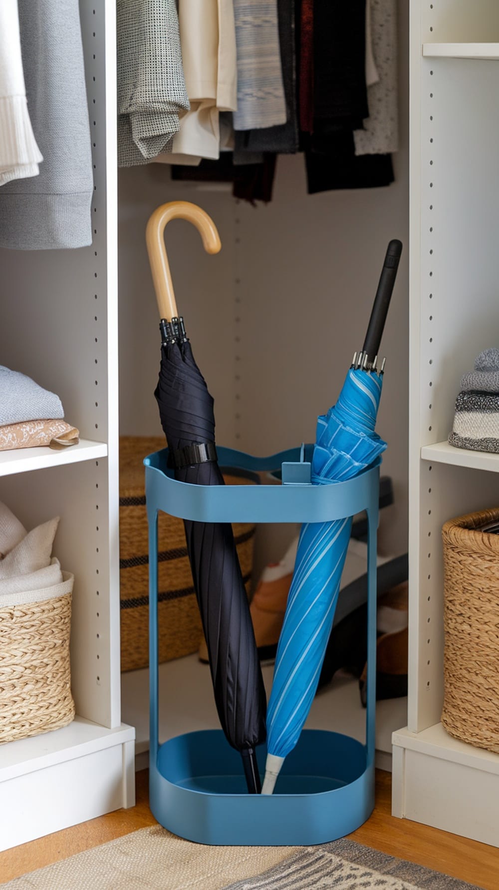 A blue umbrella stand holding two umbrellas in a coat closet.