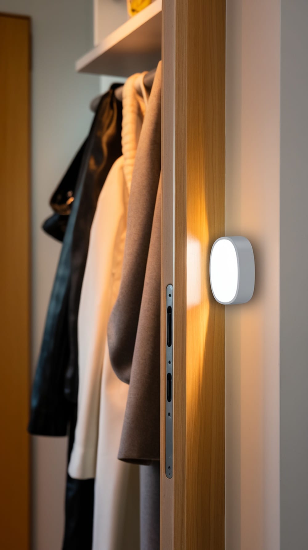 LED motion light installed in a coat closet, illuminating the space.