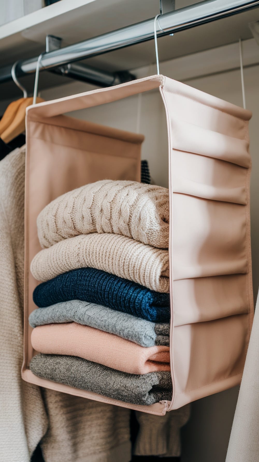 A hanging sweater organizer filled with neatly stacked sweaters in various colors.