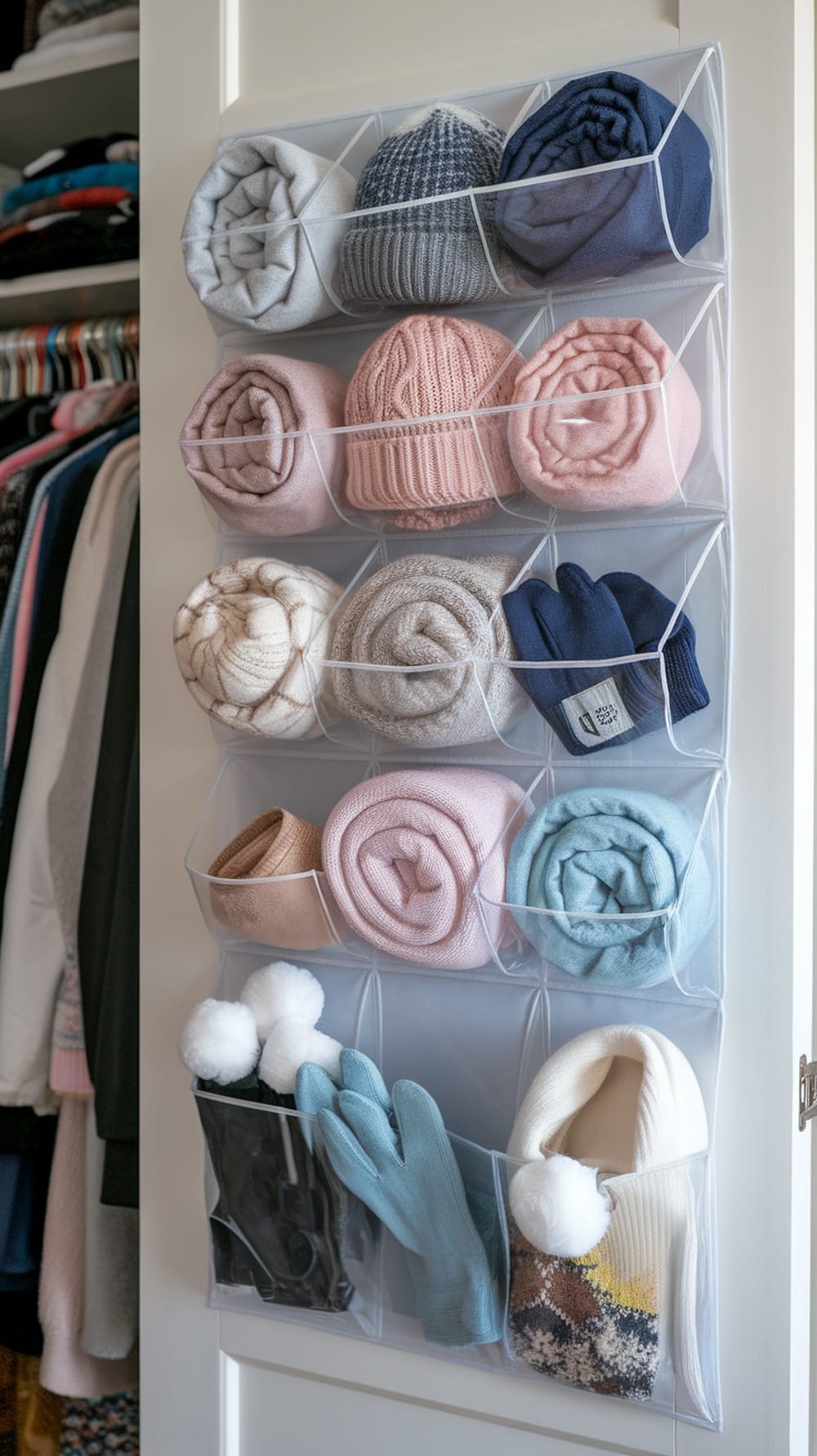 Over-the-door organizer with scarves and gloves neatly stored