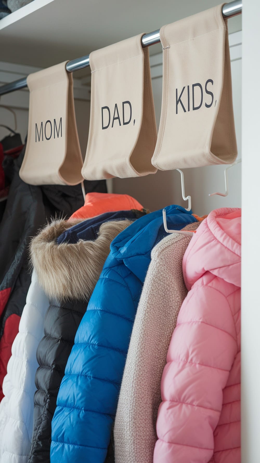 Coat dividers labeled for mom, dad, and kids with colorful jackets hanging underneath.
