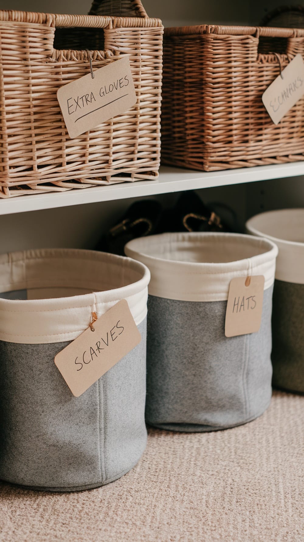 Baskets labeled for winter essentials like gloves, scarves, and hats.