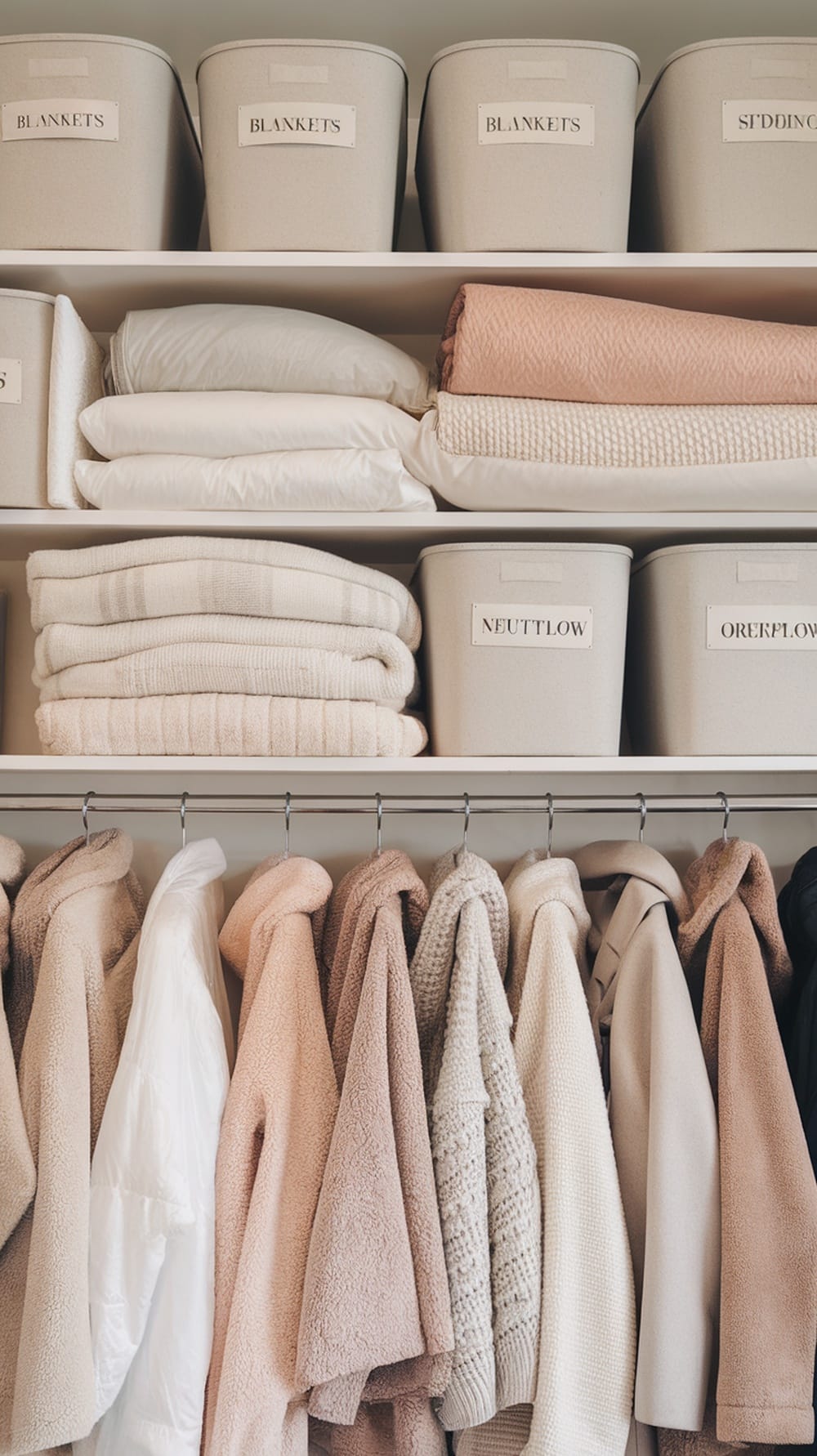 Organized coat closet with overhead shelf storing blankets and labeled bins
