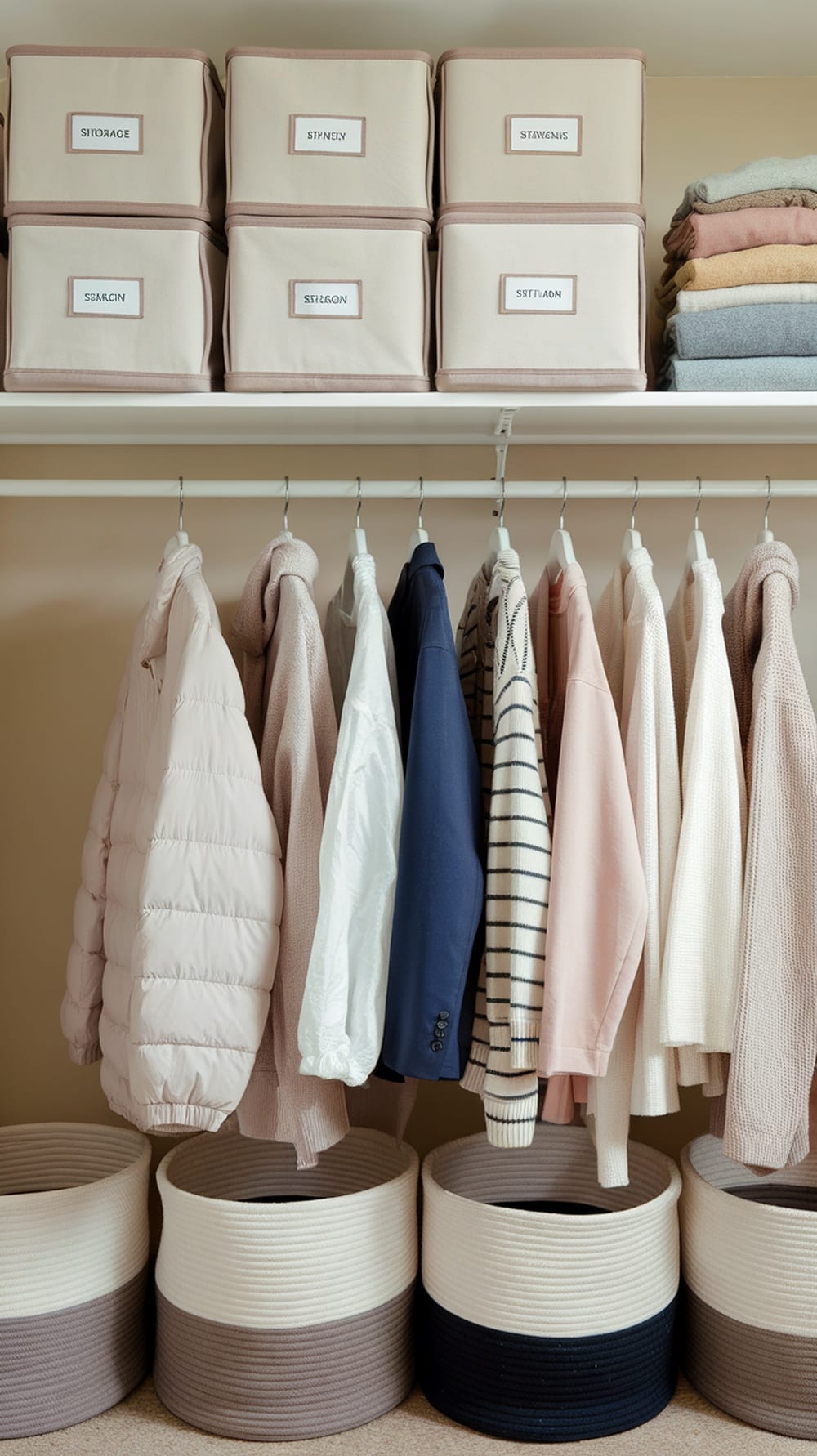 Organized coat closet with high shelf storage and labeled bins