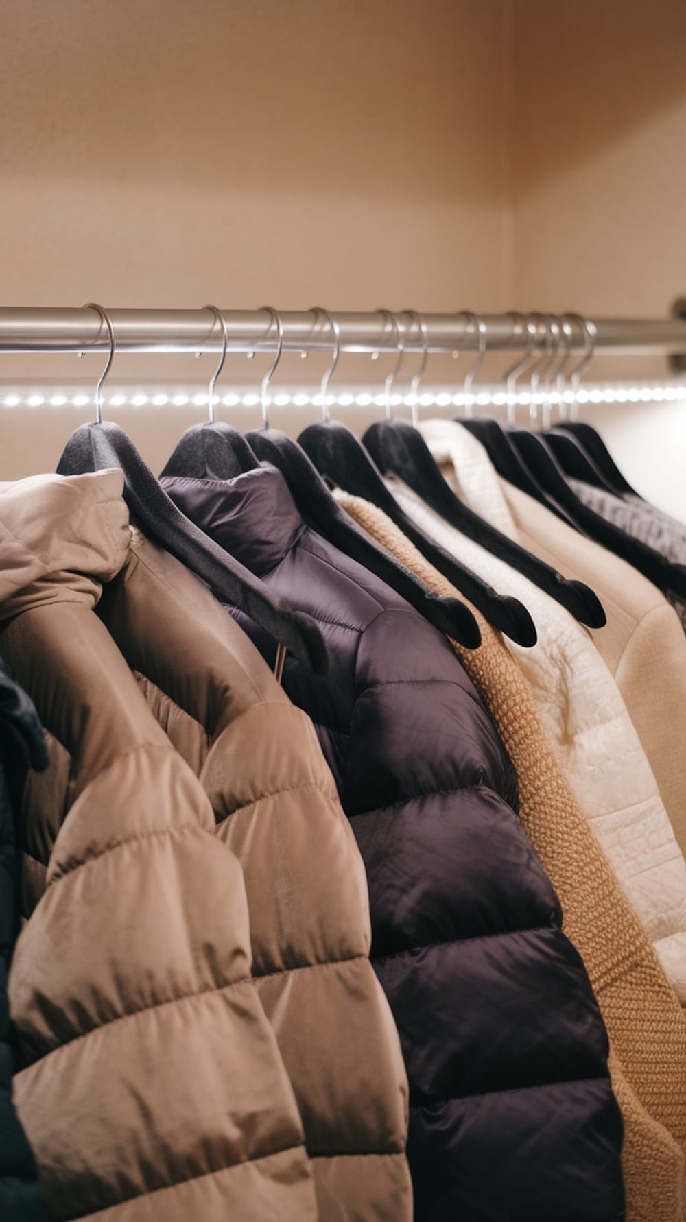 A row of bulky coats hanging on slimline velvet hangers in a well-organized closet.