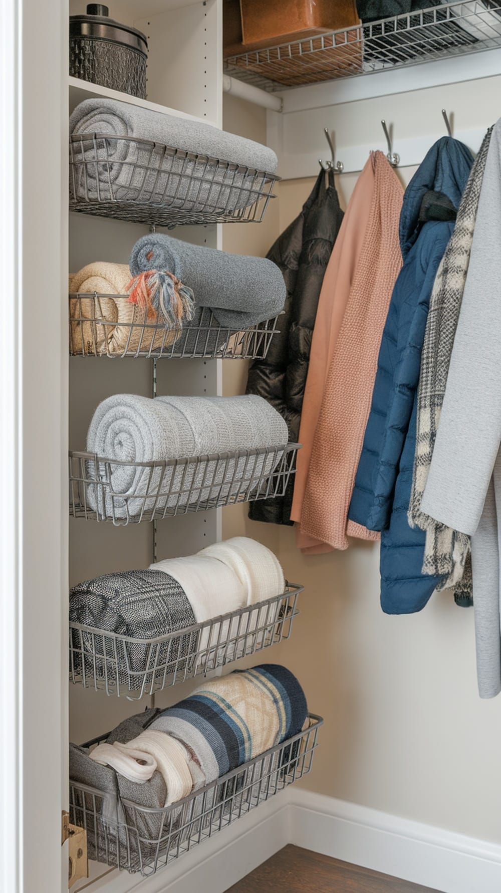 Organized coat closet with slide-out wire baskets holding rolled blankets and coats hanging on hooks.