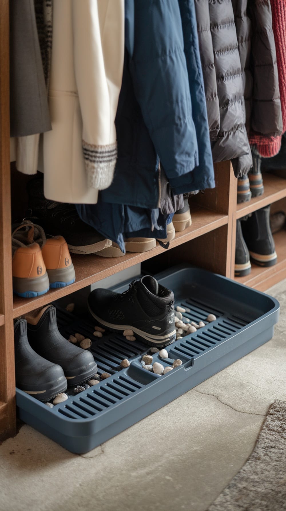 A shoe tray in a coat closet with shoes and pebbles, designed to catch melted snow.