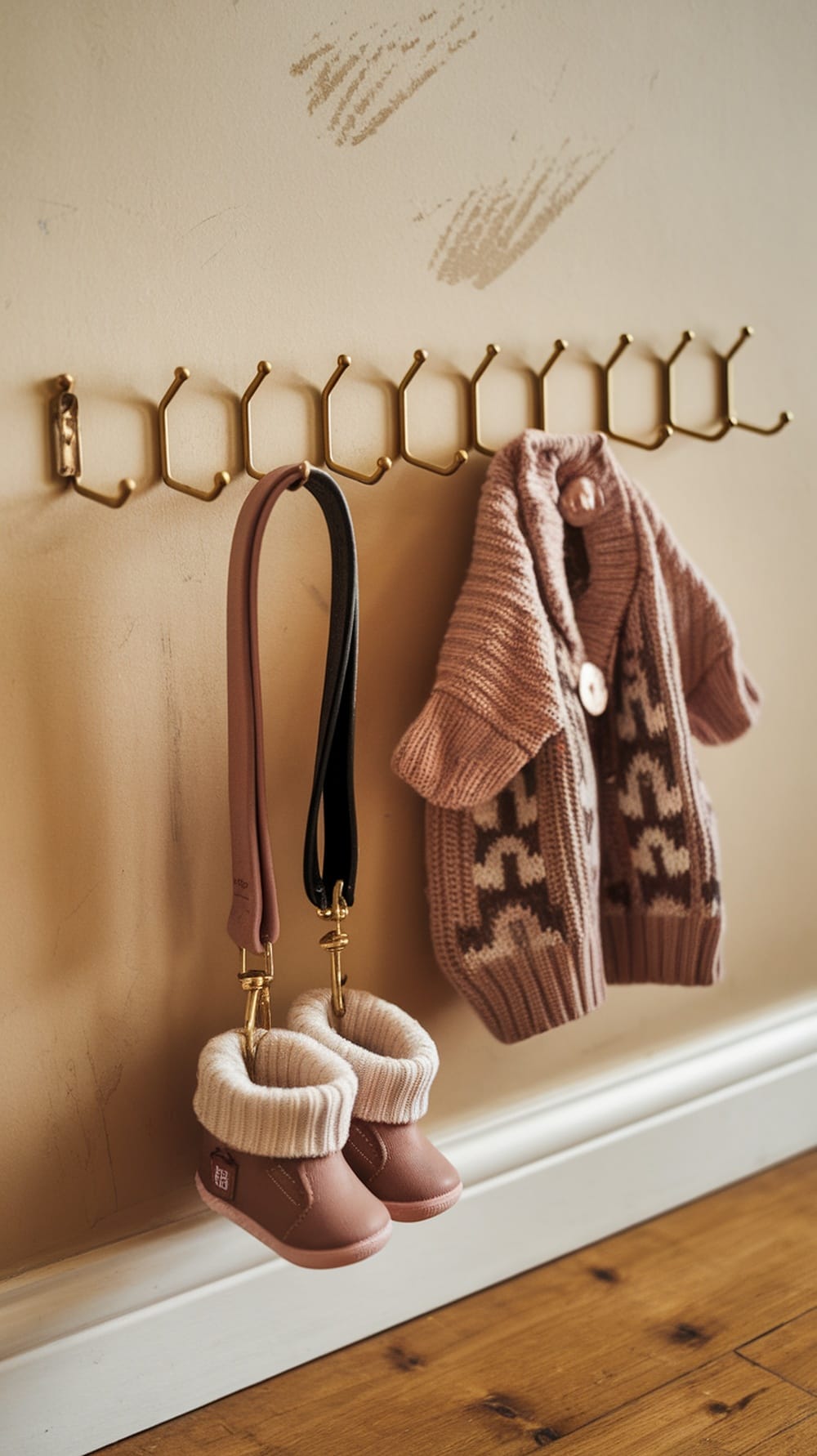 A coat closet with hooks displaying a dog leash, a pet coat, and small boots.