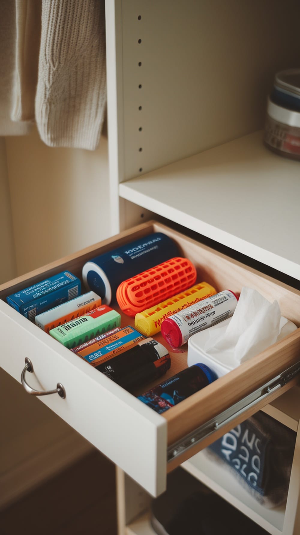 A neatly organized hidden drawer containing hand warmers and small items in a coat closet.