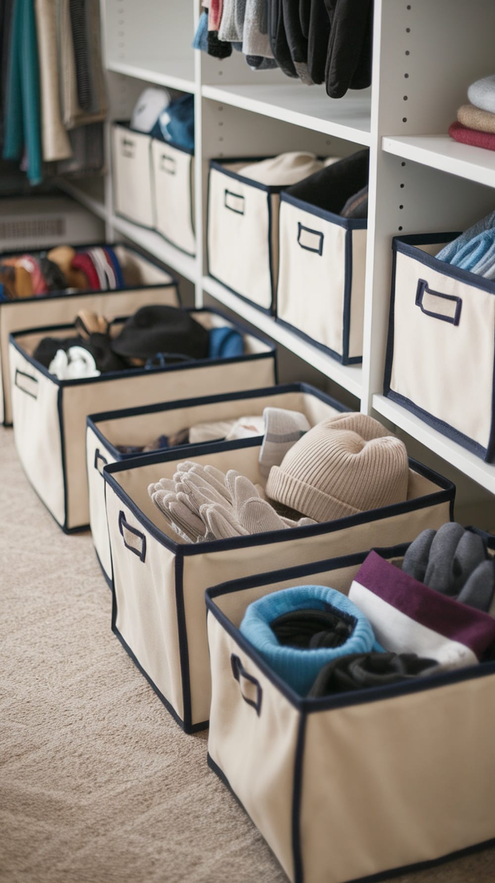 Organized coat closet with pull-out bins for hats, gloves, and winter accessories.