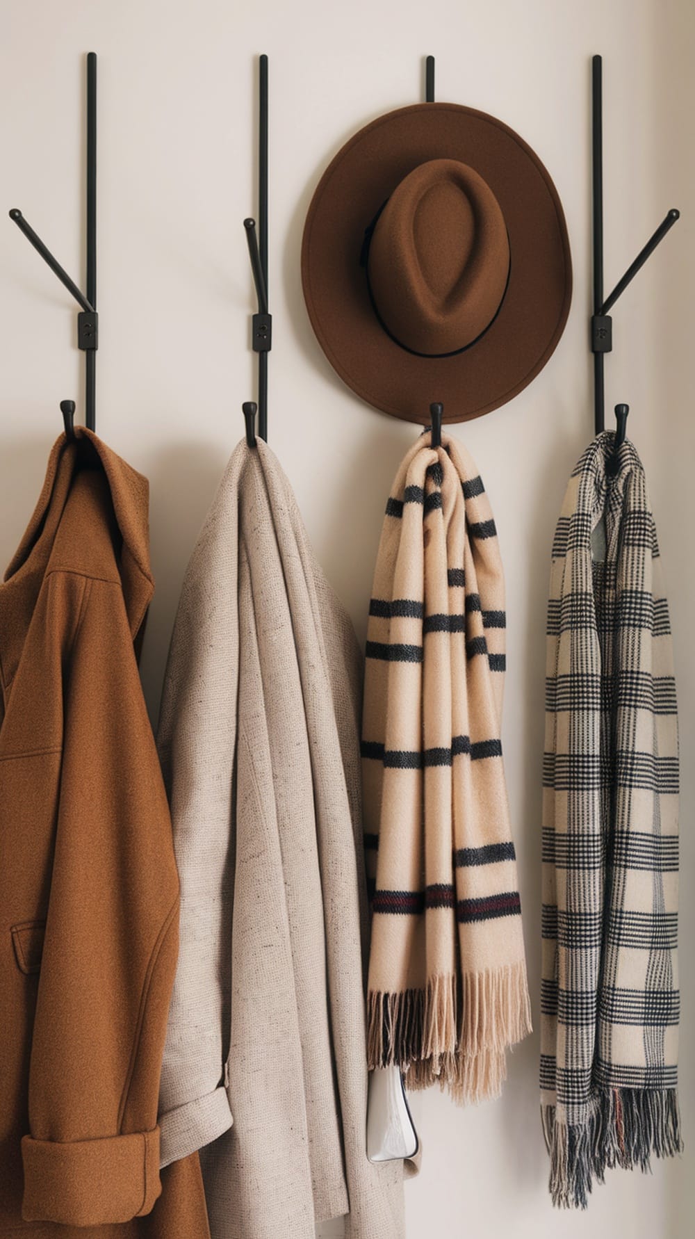 Vertical coat hooks displaying coats, scarves, and a hat.
