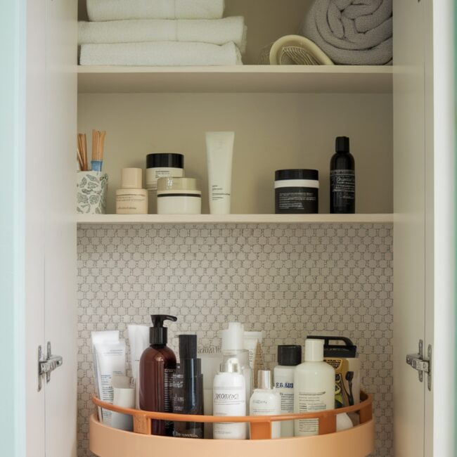 Bathroom closet organized with a lazy susan