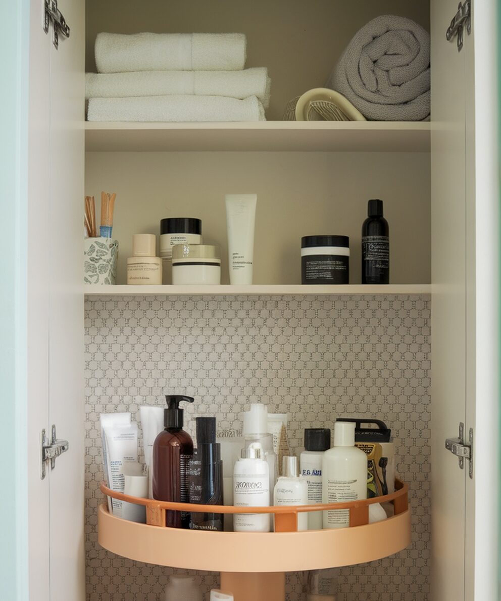 Bathroom closet organized with a lazy susan