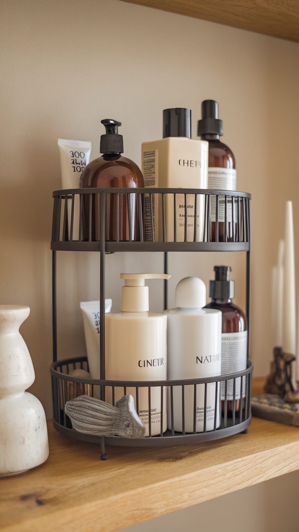 A tiered rack displaying various bottles and containers on a wooden shelf.