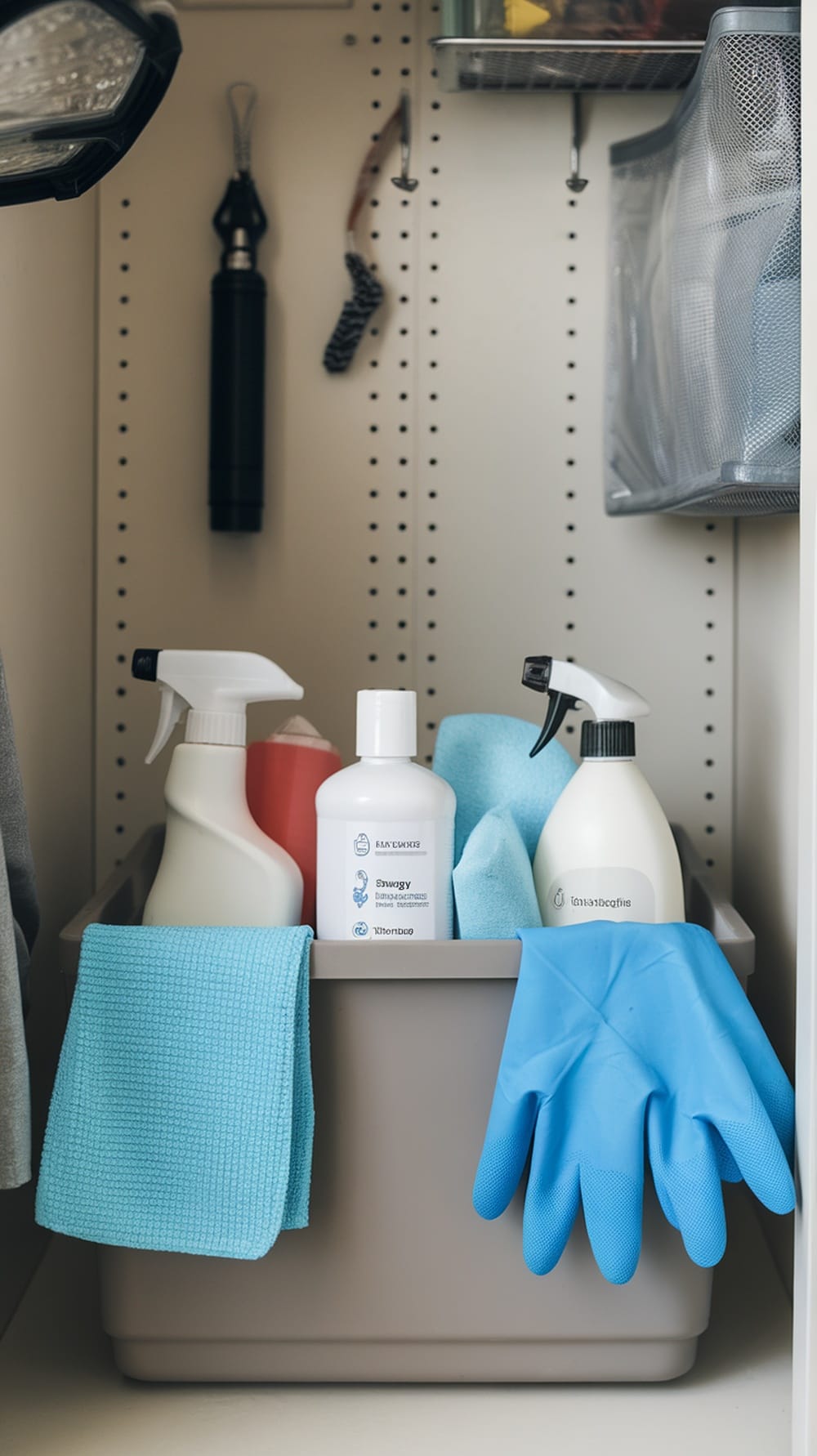 A neatly organized cleaning supply caddy with various cleaning products and tools.