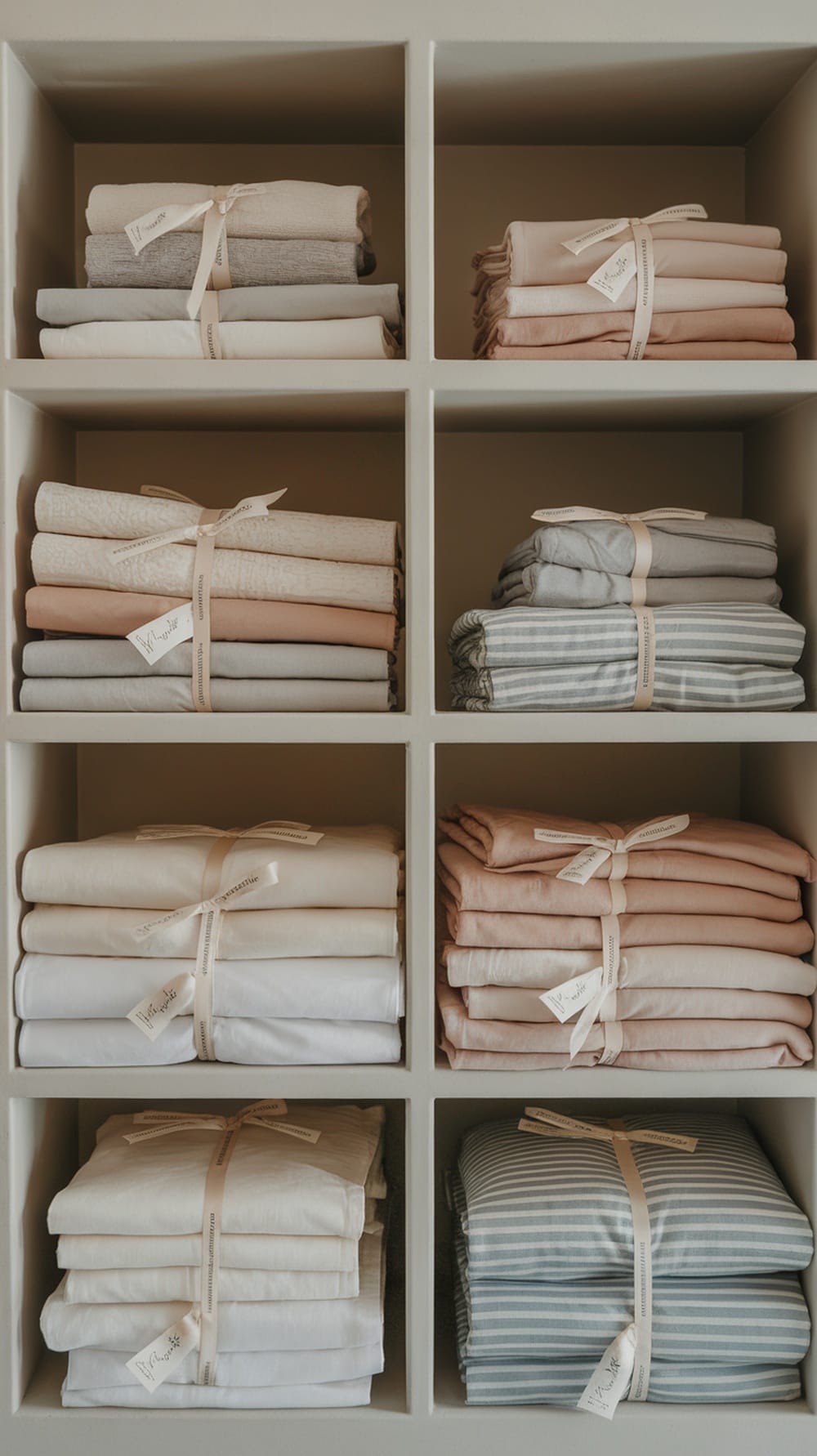 Neatly organized cubby shelves with matching linen sets in soft colors.