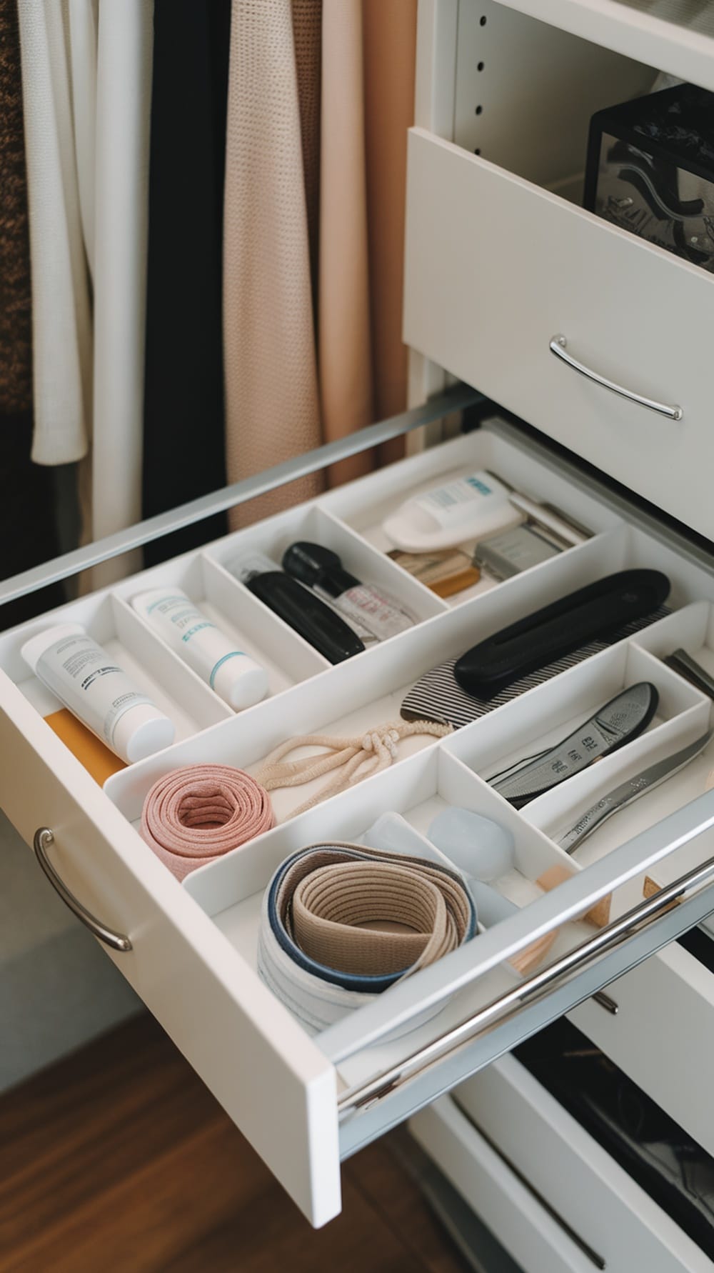 A neatly organized bathroom drawer with dividers holding various small essentials like creams, hair ties, and tools.