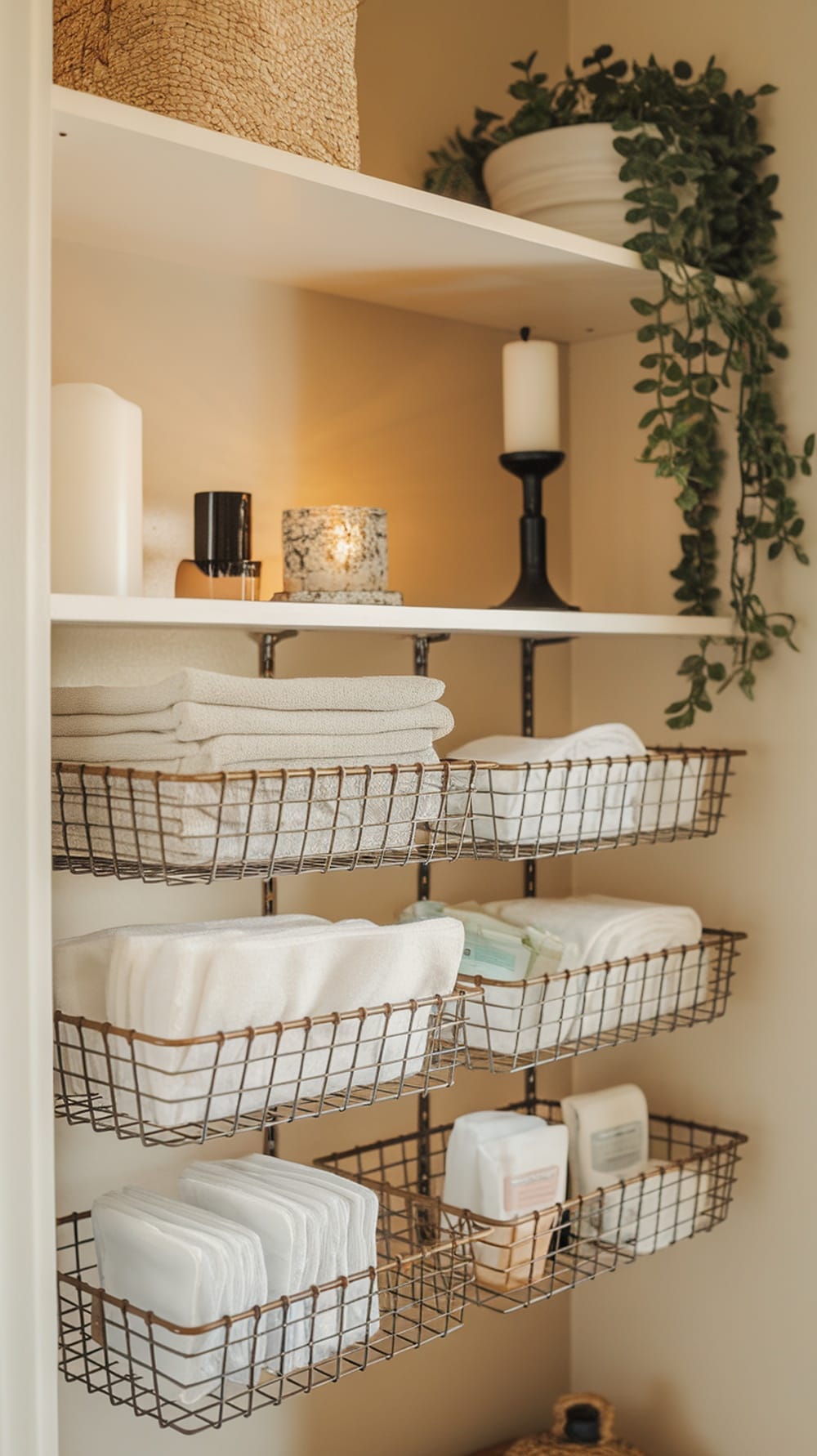 Under-shelf hanging baskets filled with towels and toiletries in a bathroom closet.
