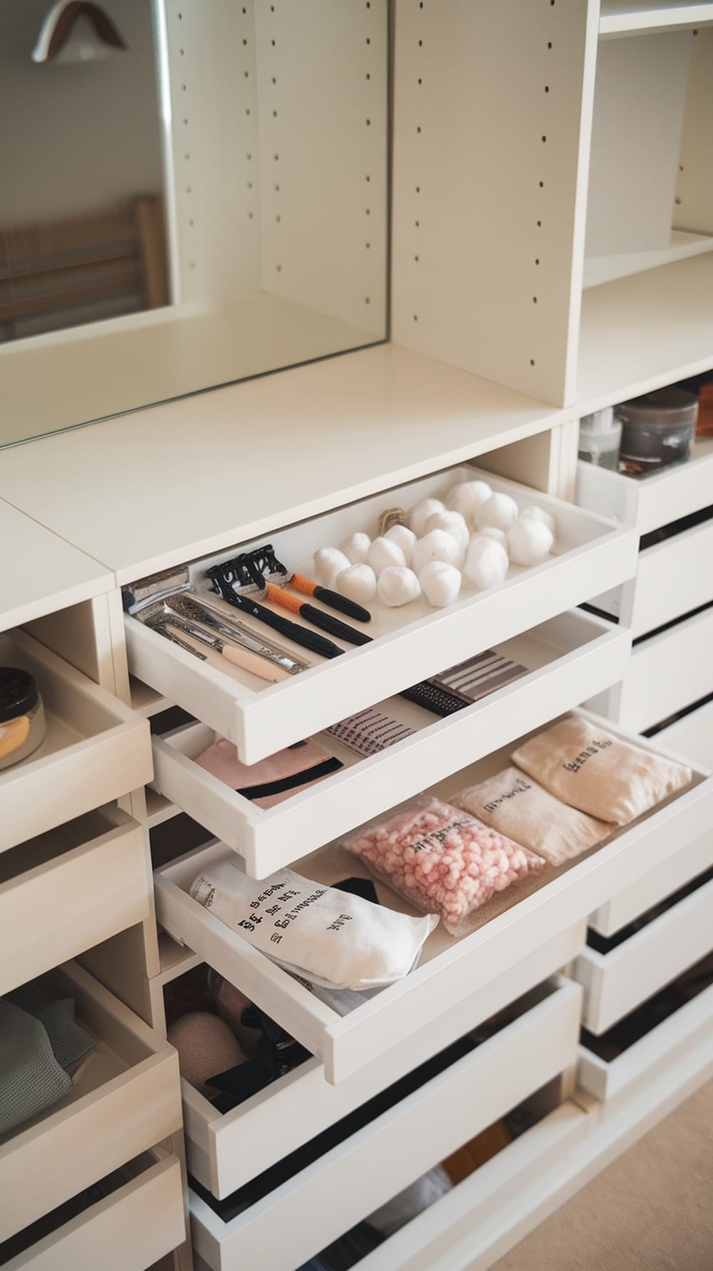 Organized bathroom closet with pull-out drawers containing small items like cotton balls and makeup tools.