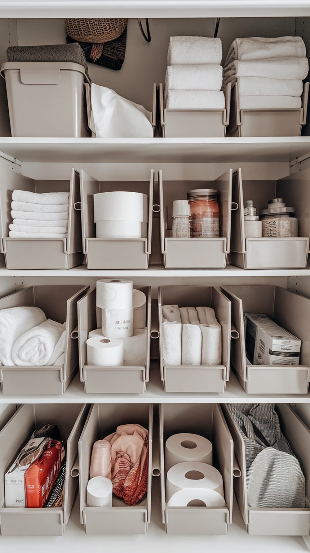 Organized bathroom closet with overhead shelf storing towels, toiletries, and other essentials.