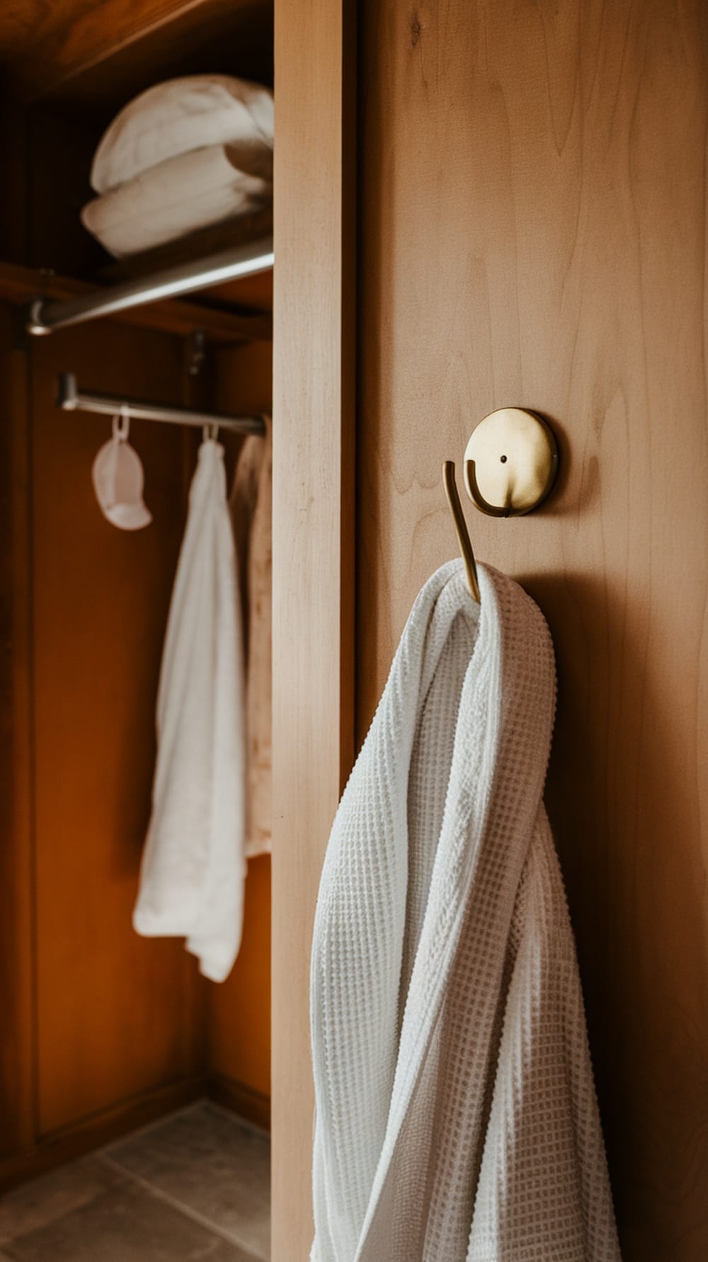 Extra hooks in a bathroom closet holding a white robe and towels.