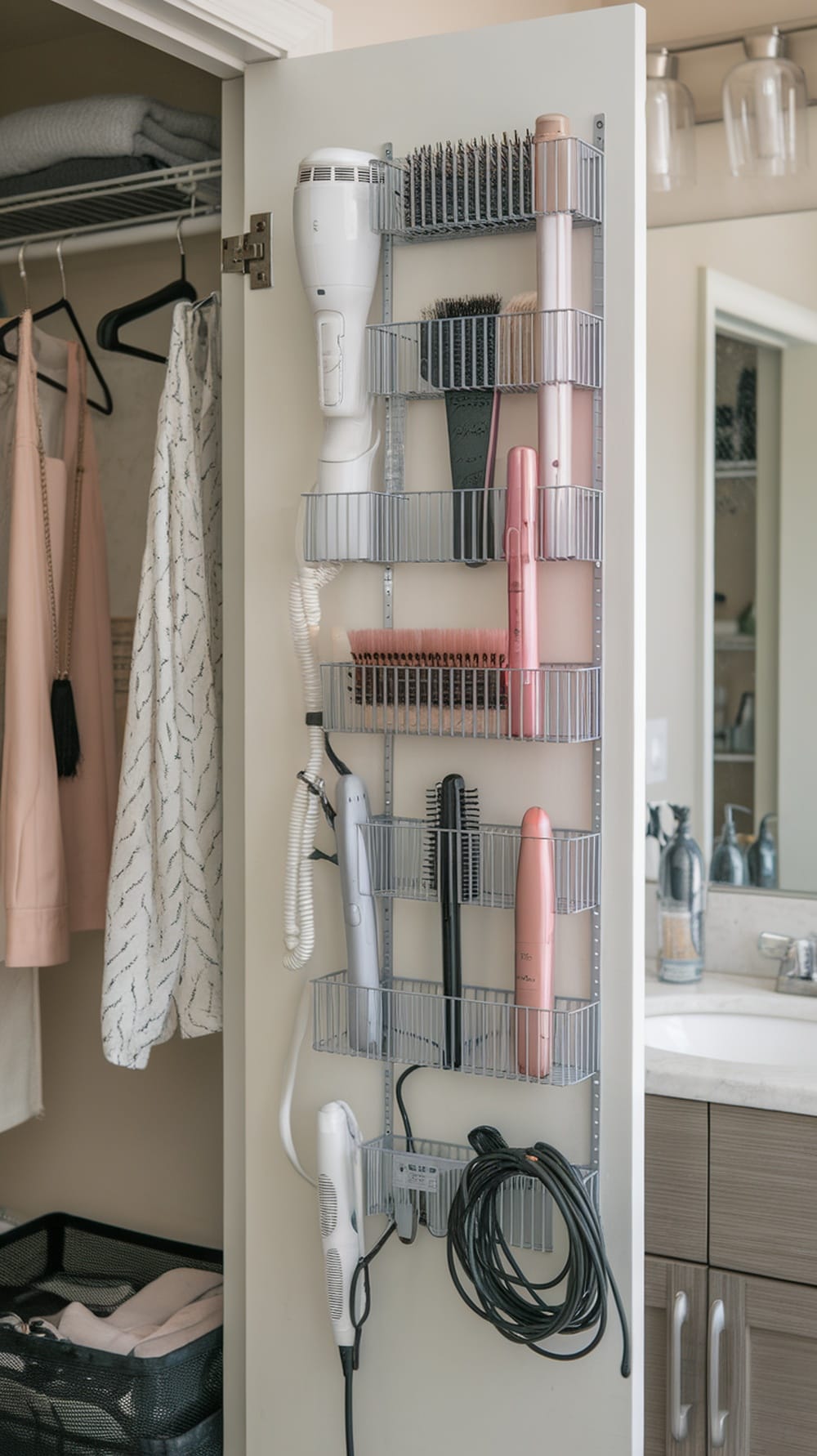 Organized hair tools on a vertical rack inside a bathroom closet.
