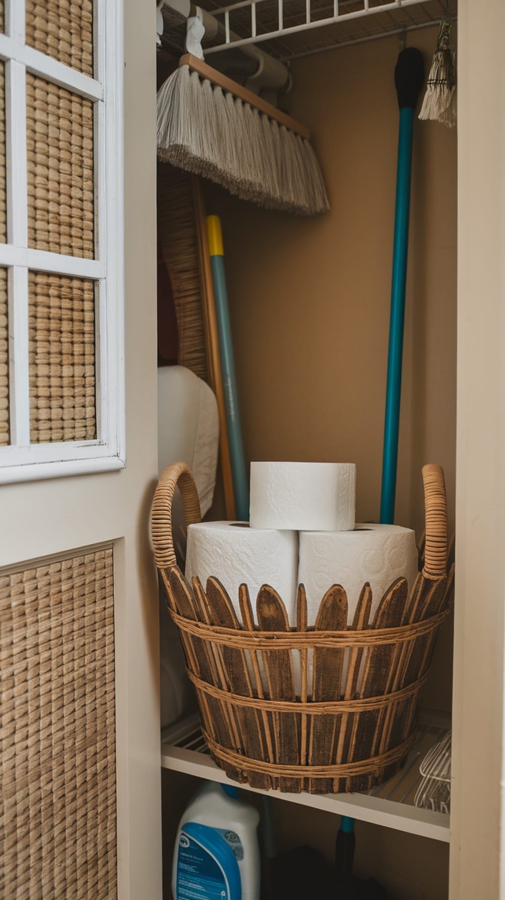 A woven basket holding toilet paper rolls in a bathroom closet.
