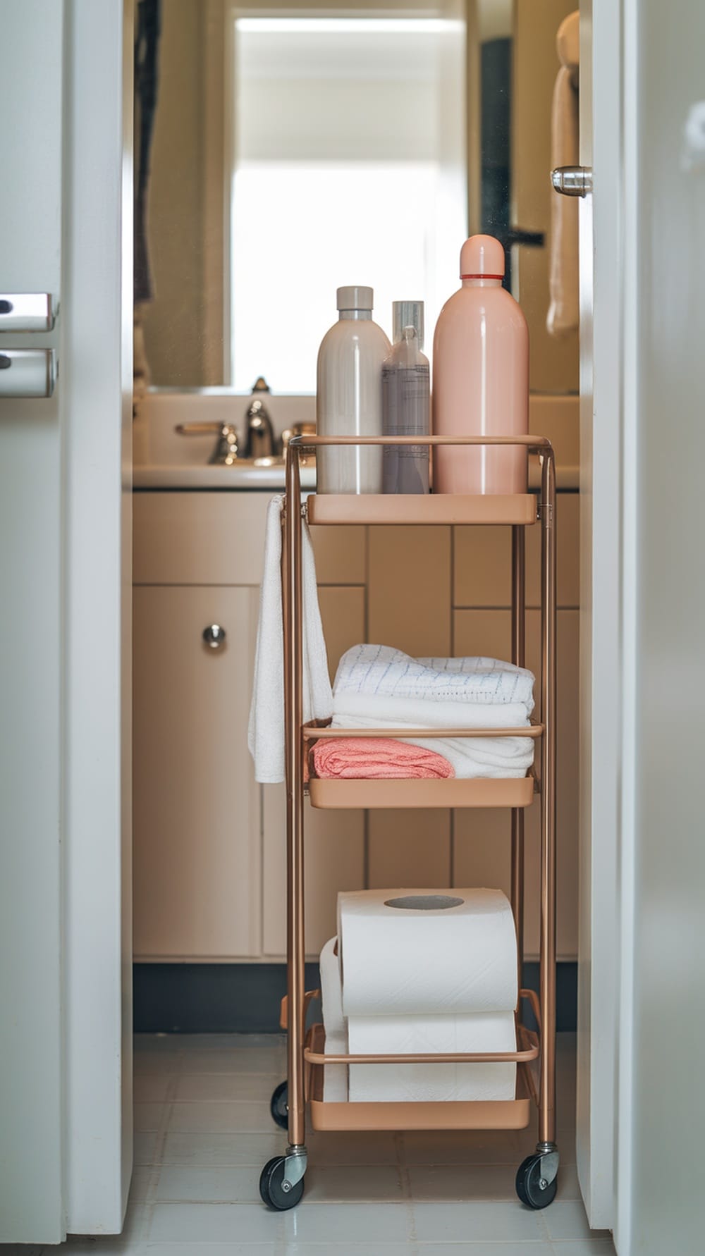 A slim rolling cart with towels and bottles inside a bathroom closet.
