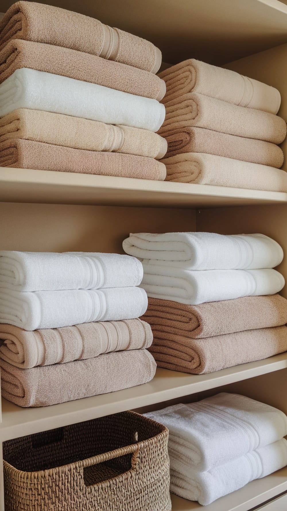 Neatly stacked towels in shades of beige and white on a shelf.