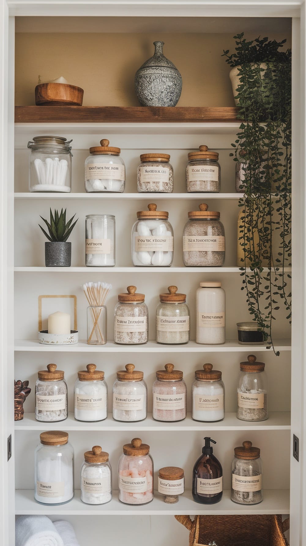 Organized bathroom closet with glass jars containing bath essentials.