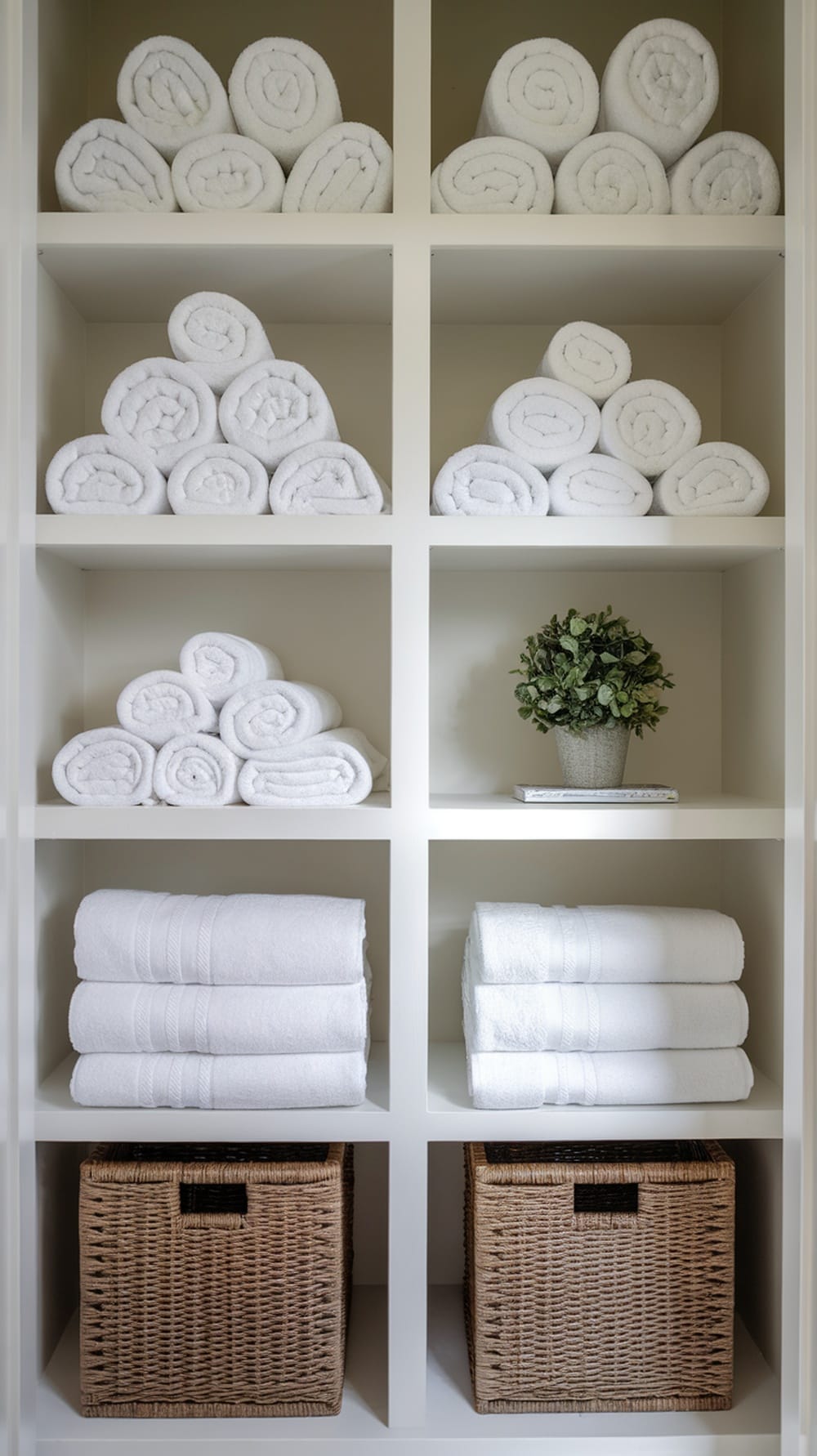 Built-in shelving displaying neatly rolled white towels and decorative baskets.
