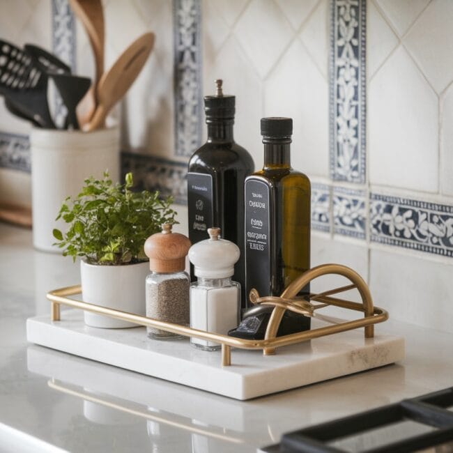 Tray for kitchen countertop in an elegant, calming kitchen