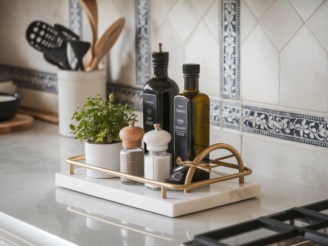 Tray for kitchen countertop in an elegant, calming kitchen