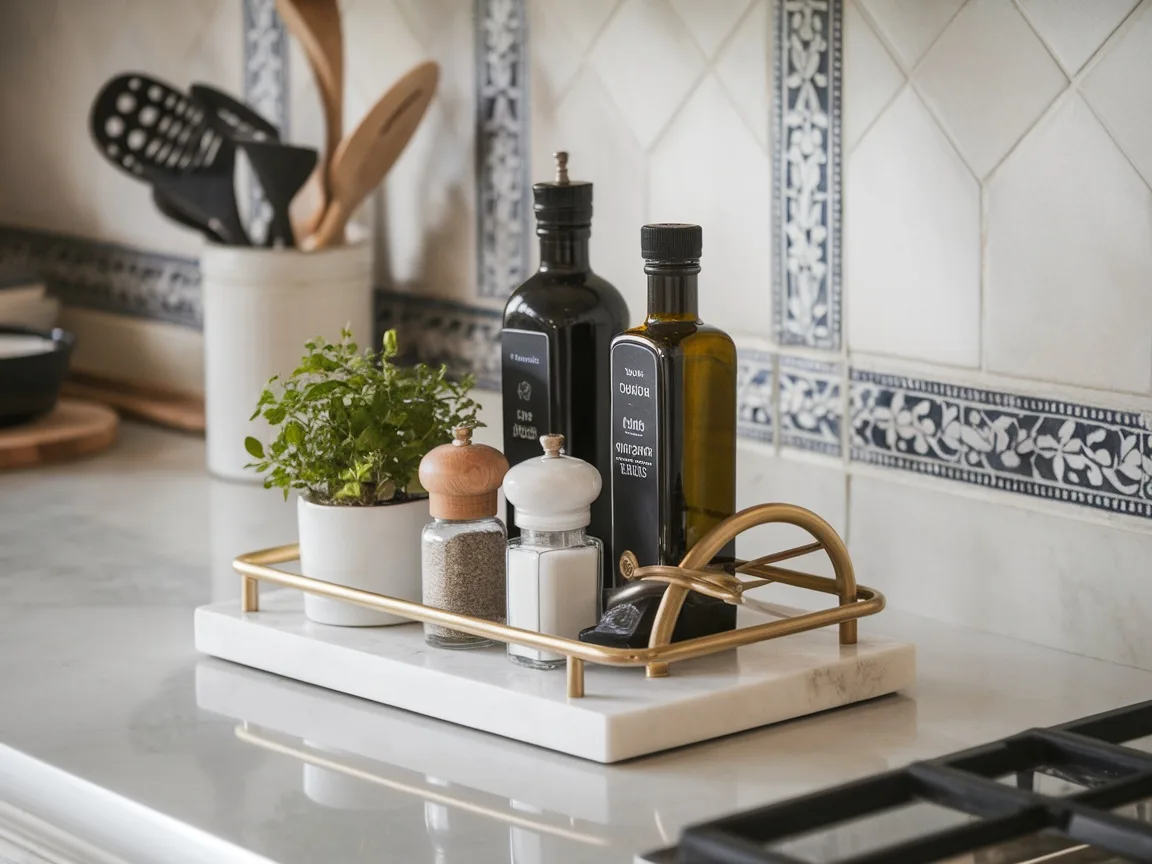 Tray for kitchen countertop in an elegant, calming kitchen