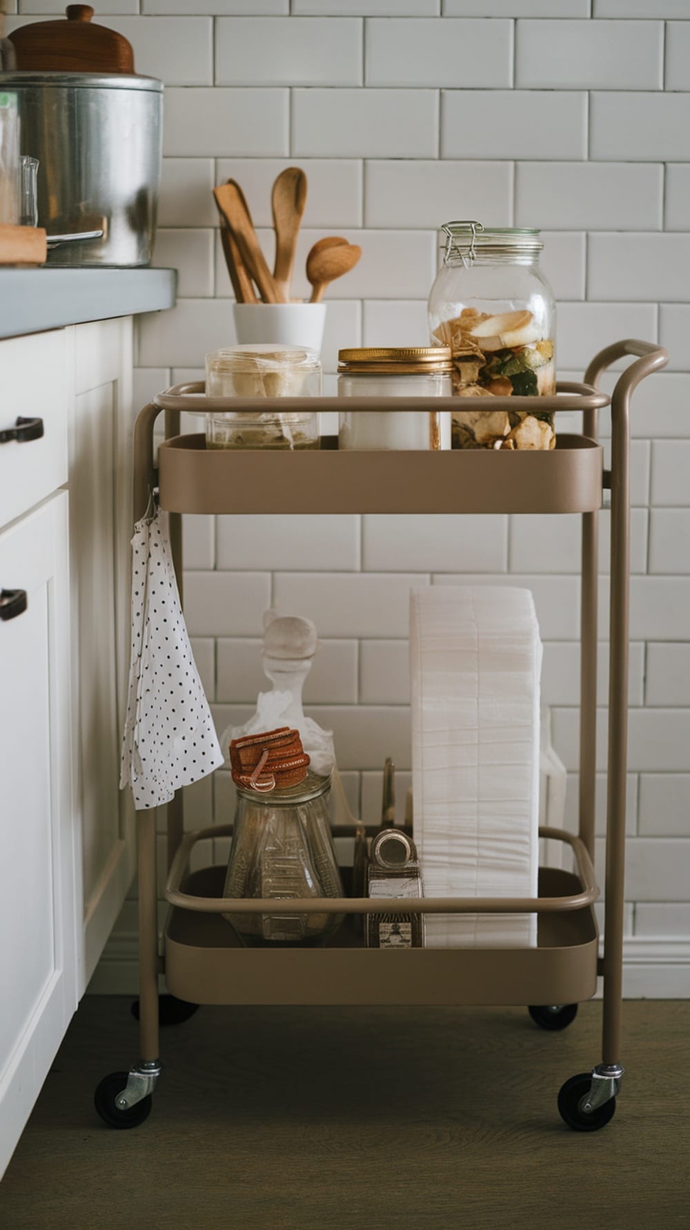 A stylish rolling countertop cart with jars and utensils.