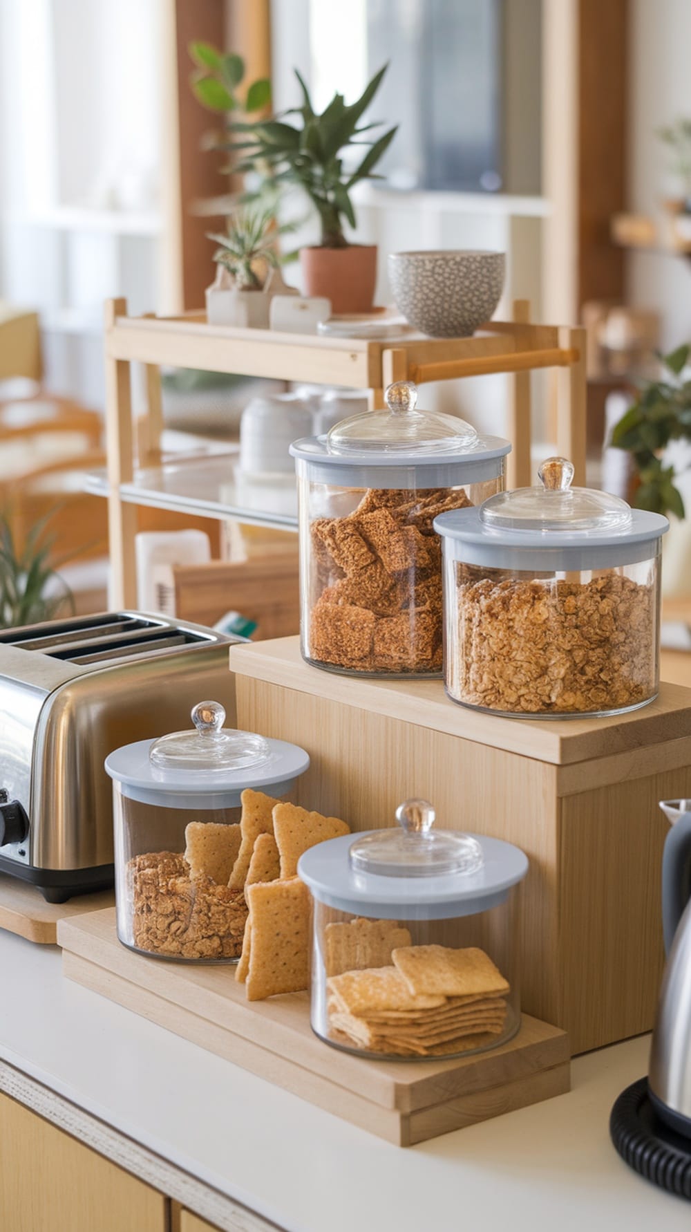 Stylish matching storage jars filled with snacks on a kitchen countertop.