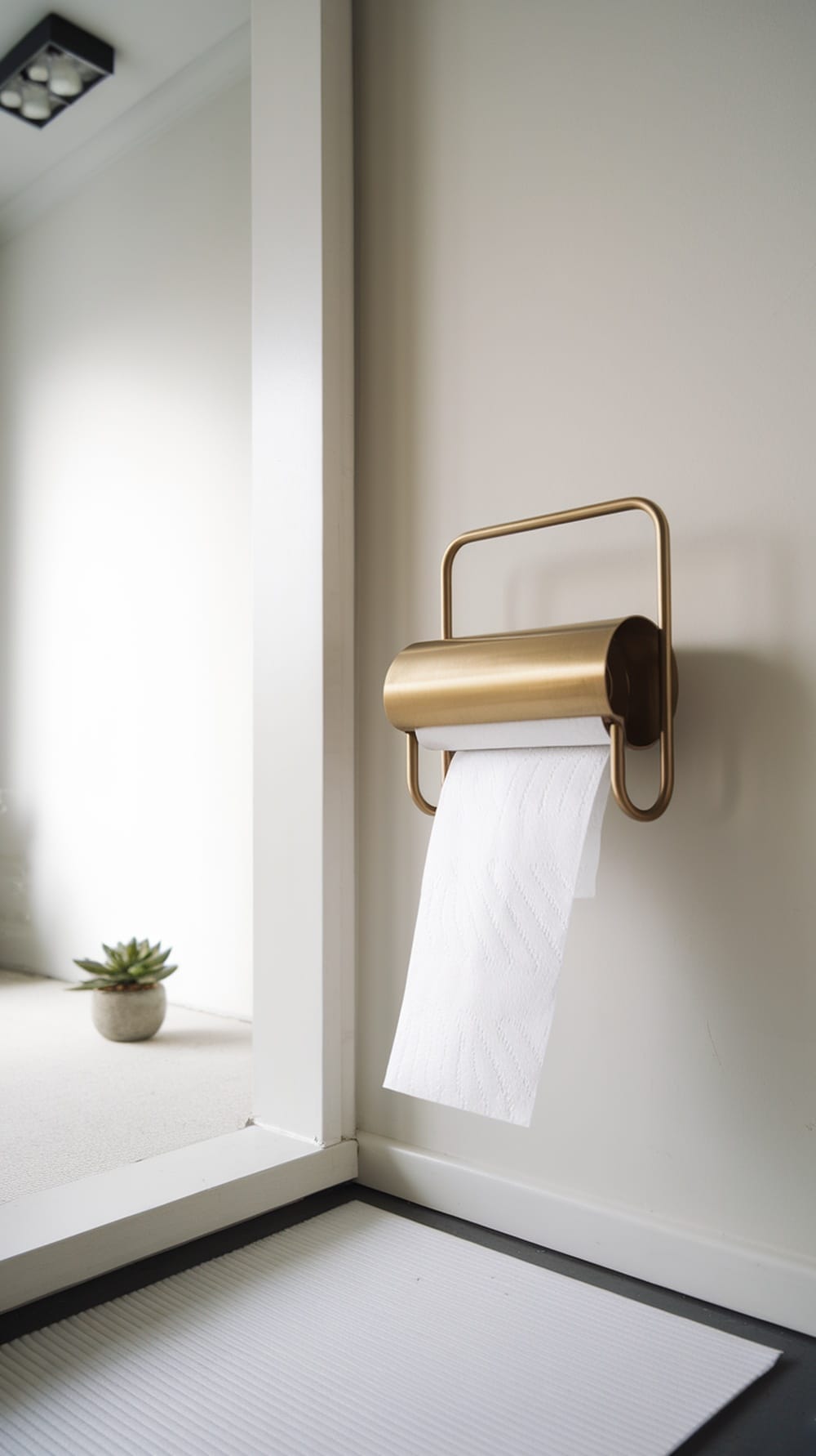 Stylish decorative paper towel holder mounted on a wall with a succulent plant in the background.