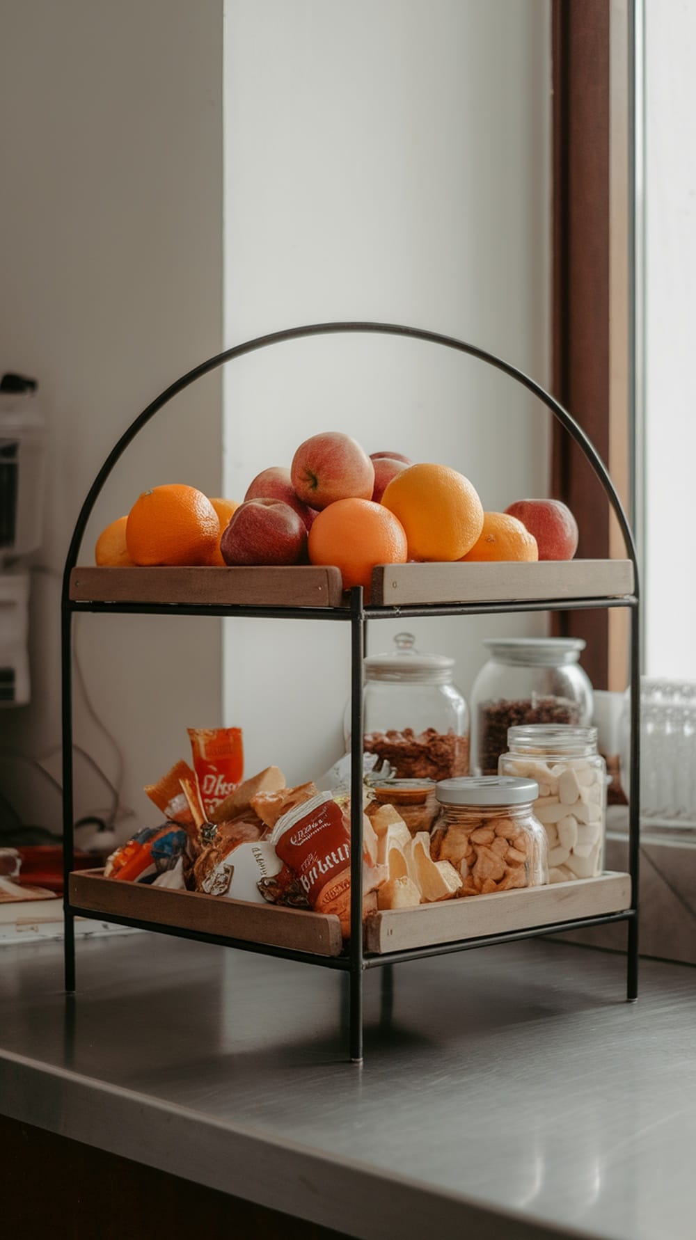 A tiered stand with fruits and snacks on a kitchen countertop.