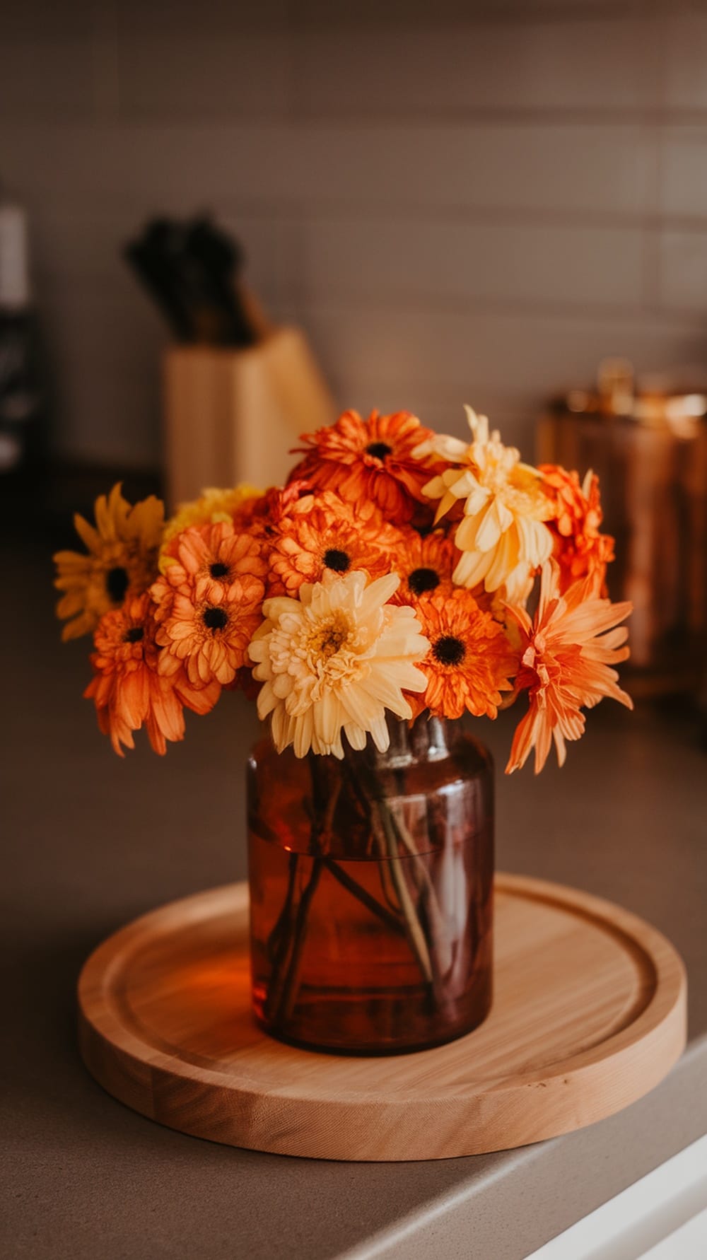 A vase with orange and yellow flowers on a kitchen countertop.
