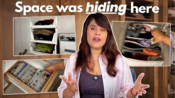 Aastha with closet organizer bins, stackable drawers and jewellery trays showing ways to maximize closet space.