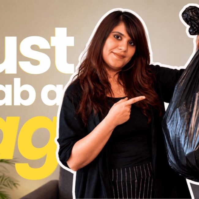 Aastha holds a filled rubbish bag beside the words “Just grab a bag” in the Trash Bag Therapy video thumbnail.